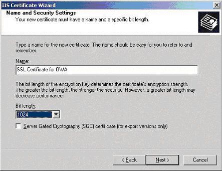 [IIS Certificate]ウィザード - 名前とセキュリティーの設定